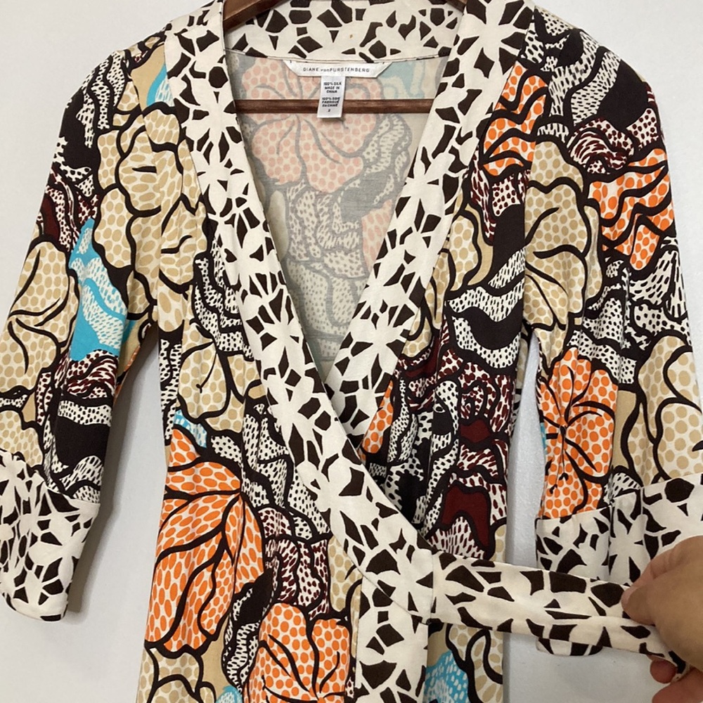 Diane Von Furstenberg Dress Womens 2 Silk Stretch Jersey Wrap Dress Orange Print - Picture 8 of 13